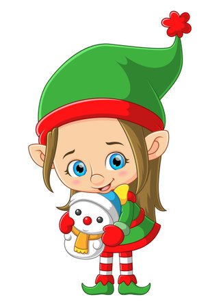 Cute elf girl holding a snowman toy of illustrationのイラスト素材