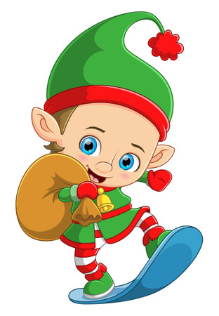 Little elf in action with snowboard of illustrationのイラスト素材