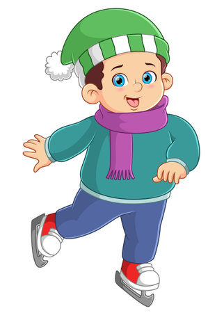 A fat boy skating in winter of illustrationのイラスト素材