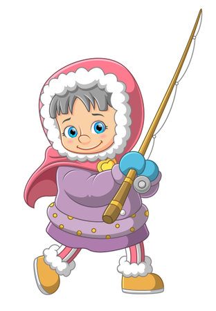 Young girl teen dressed in winter warm clothes and holding fishing stick of illustrationのイラスト素材