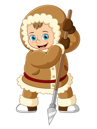 Cartoon eskimo boy holding a spear of illustrationのイラスト素材
