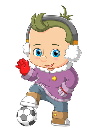 Happy boy dressed in winter warm clothes and playing soccer of illustrationのイラスト素材