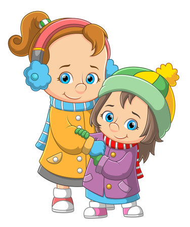 mother and daughter dressed in winter warm clothes of illustrationのイラスト素材