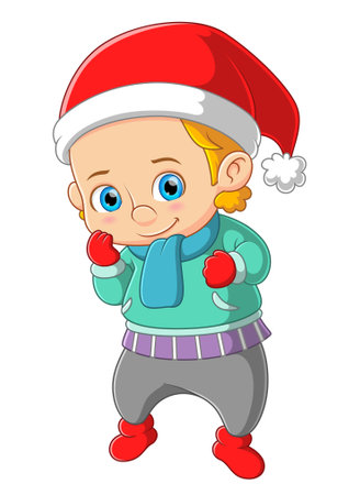 The boy dressed in winter warm clothes and wearing santa hat of illustrationのイラスト素材