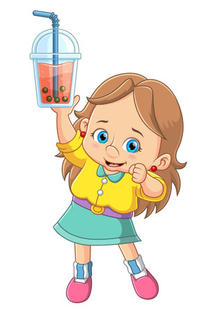 Cute kid girl holding bubble milk tea of illustrationのイラスト素材
