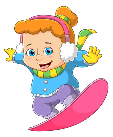cute girl playing snowboard and dressed in winter warm clothes of illustrationのイラスト素材