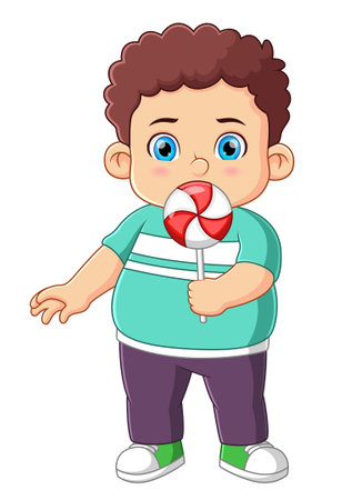 A cute boy eating a big lollipop of illustrationのイラスト素材