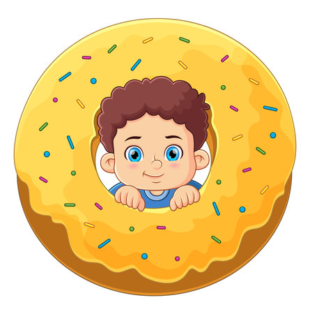 A cute boy playing with a big yellow donut toy of illustrationのイラスト素材