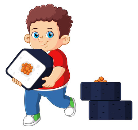 A cute boy holding a big shushi rolls of illustrationのイラスト素材