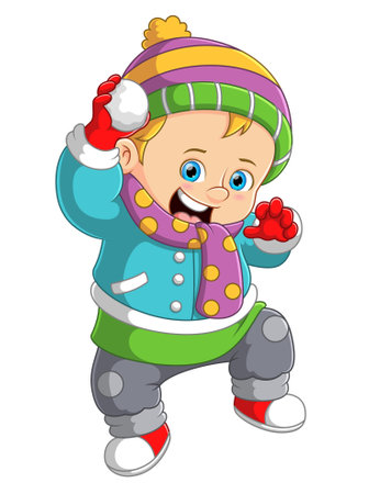 Cute boy dressed in winter warm clothes and playing snowball of illustrationのイラスト素材