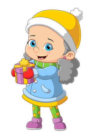 Cute Girl Wearing blue Winter Coat and yellow Hat of illustrationのイラスト素材