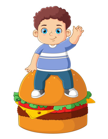 A cute boy sitting a big hamburgerのイラスト素材