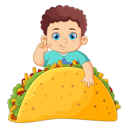 A cute boy eating a big sandwich of illustrationのイラスト素材