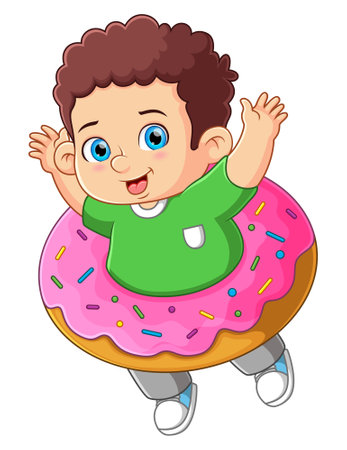 A cute boy playing with a big strawberry donut toy of illustrationのイラスト素材