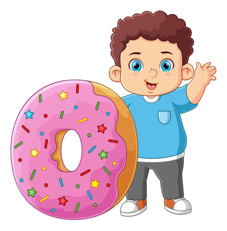 A cute boy good posing and waving with a big pink donut toy of illustrationのイラスト素材