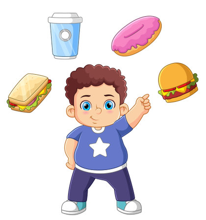A cute boy standing and pointing many junk food of illustrationのイラスト素材