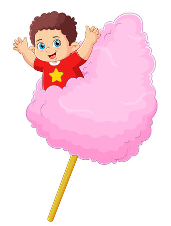 A cute boy playing and eating a big cotton candy of illustrationのイラスト素材