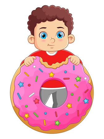 A cute boy eating a big donut of illustrationのイラスト素材