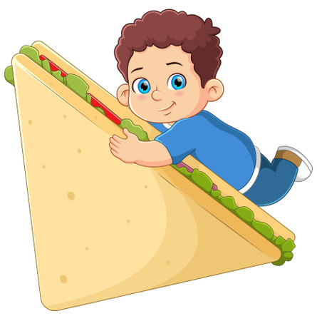 A cute boy eating a big sandwich of illustrationのイラスト素材