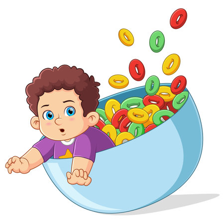 A cute boy eating oatmeal in a big bowl of illustrationのイラスト素材