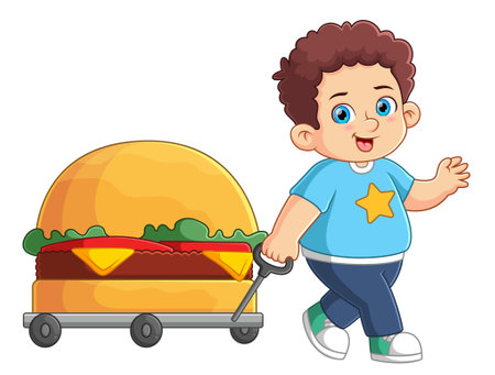 A cute boy pulling a big burger of illustrationのイラスト素材