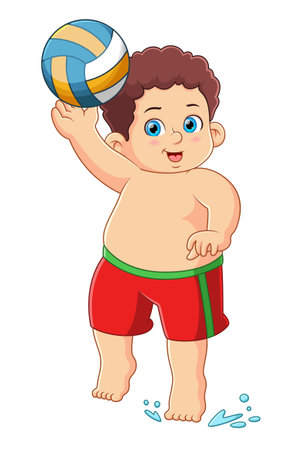Happy cute kid boy play beach volleyball of illustrationのイラスト素材