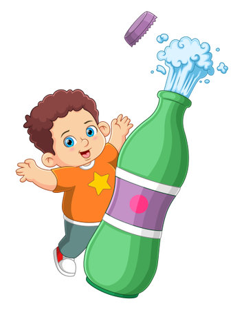 Happy boy ready to drink a big cola from bottle cola of illustrationのイラスト素材