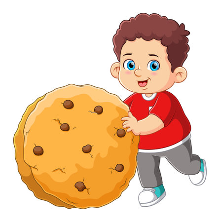 A cute boy carrying a big cookies of illustrationのイラスト素材