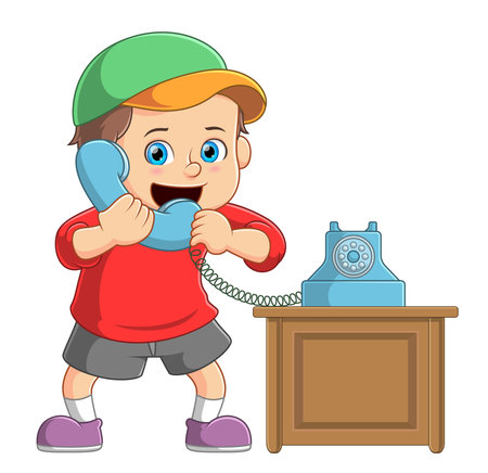 Kid boy talking on a retro wired telephone of illustrationのイラスト素材