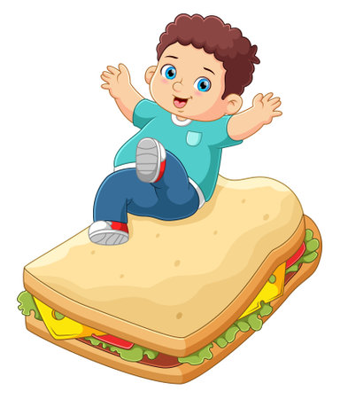 A cute boy jumping on a big sandwich of illustrationのイラスト素材