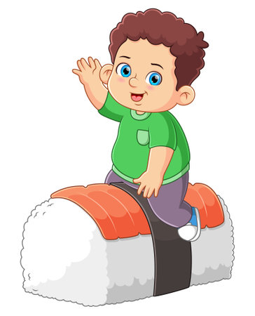 A cute boy sitting a big nigiri shushi japanese food of illustrationのイラスト素材
