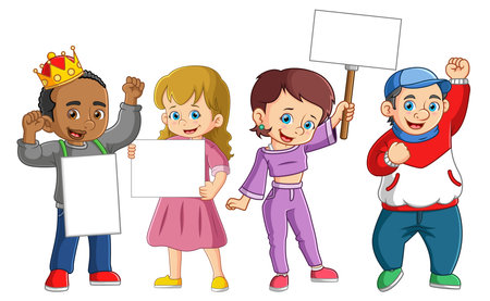 Teenagers holding placard on demonstration. Activists guys, students, peaceful rights protest concept of illustrationのイラスト素材