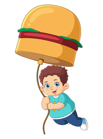 A cute boy holding a big burger balloon of illustrationのイラスト素材