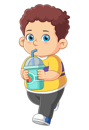 Cartoon big boy drink bubble tea of illustrationのイラスト素材
