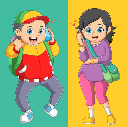 Boyfriend and Girlfriend having a conversation on the telephone of illustrationのイラスト素材