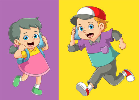 brother and sister having a conversation on the telephone of illustrationのイラスト素材