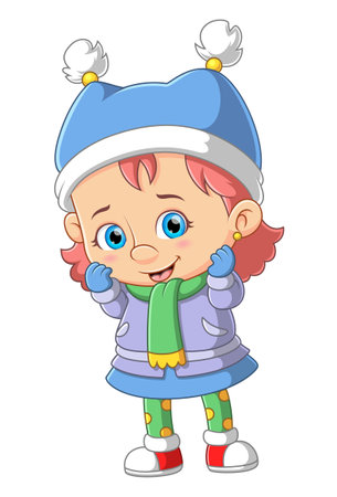 Cute Girl Wearing purple Winter Coat and blue Hat of illustrationのイラスト素材