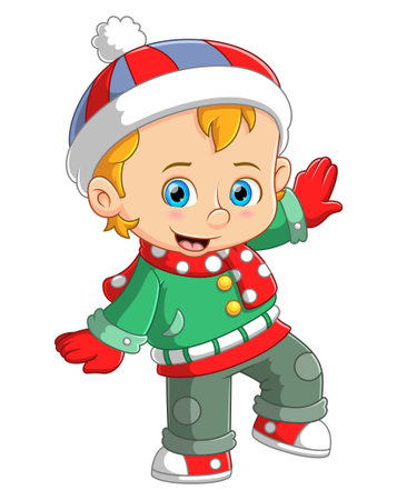 Happy boy dressed in winter warm clothes of illustrationのイラスト素材