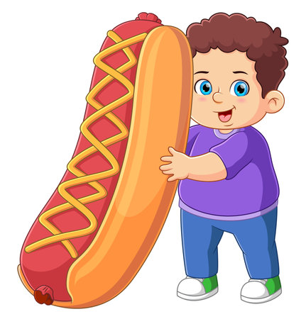 A cute boy holding a big hotdog of illustrationのイラスト素材
