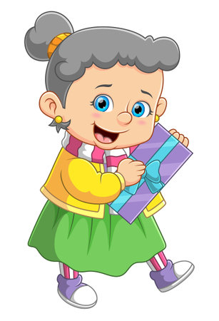 cute little girl kid holding big wrapped gift boxes of illustrationのイラスト素材