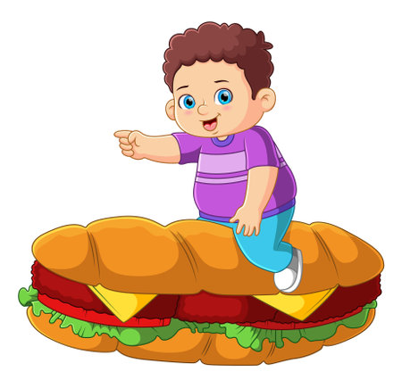 A cute boy riding and playing a big hotdog of illustrationのイラスト素材