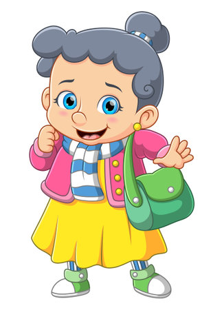 cute girl smiling and carrying handbag of illustrationのイラスト素材
