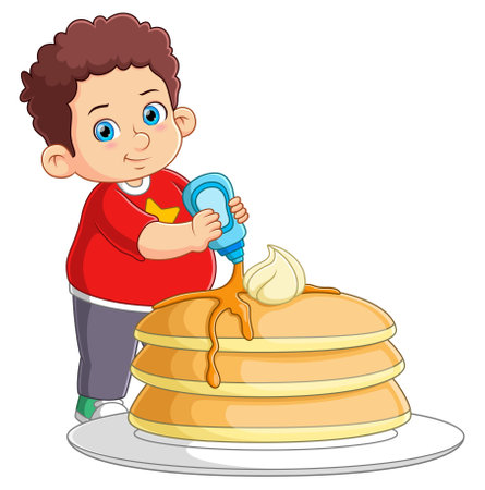 A cute boy eating a big dorayaki cake of illustrationのイラスト素材