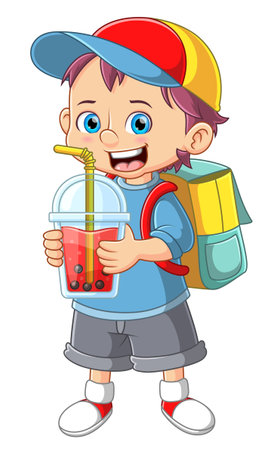 Boy holding bubble milk tea and carrying backpack of illustrationのイラスト素材