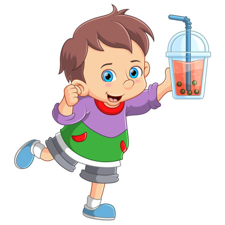 Cartoon little boy drink bubble milk tea of illustrationのイラスト素材