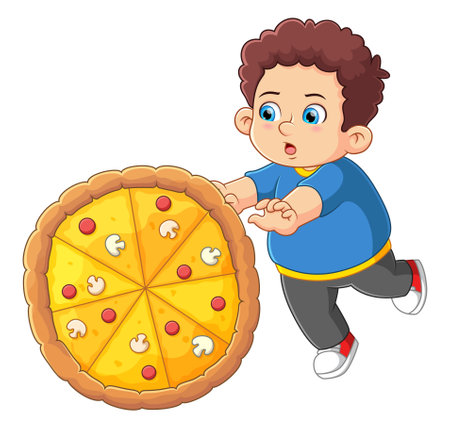 A cute boy pushing a big pizza of illustrationのイラスト素材