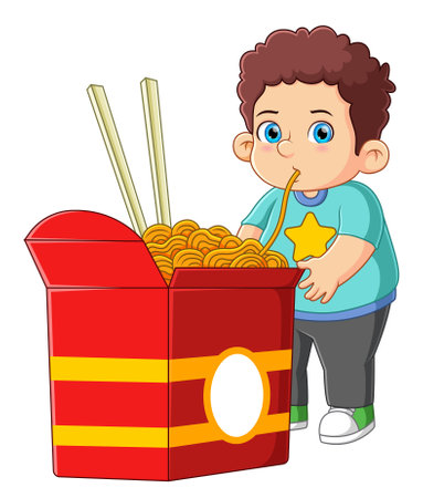 A teenage guy eating a big cup of Instant noodles of illustrationのイラスト素材
