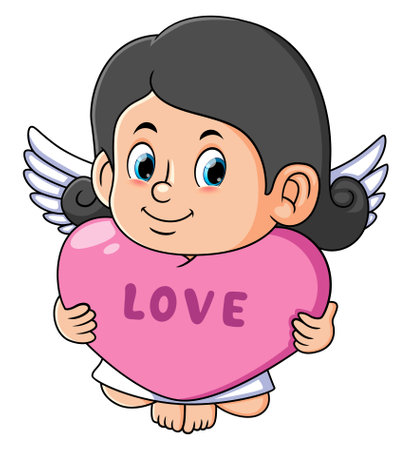 The cute cupid girl is holding the love pillow of illustrationのイラスト素材