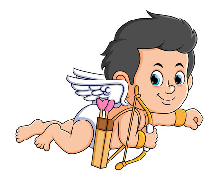 The cupid boy is flying and moving with the love bow of illustrationのイラスト素材