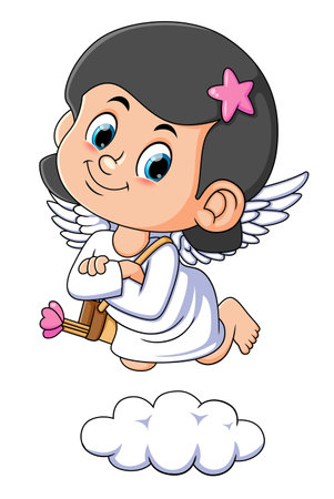 The cupid girl is bringing the love arrow and flying above the cloud of illustrationのイラスト素材
